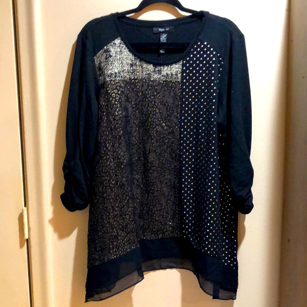 Style & Co fancy knit top with sheer gold lace